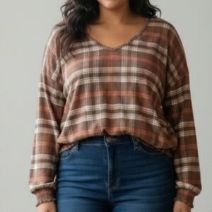 Waffle Knit Stripe V-Neck Long Sleeve Top Size 18/20W Cinched Waist & Ruffle Hem